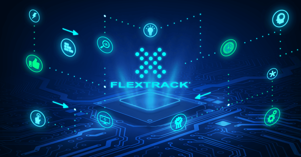 Moody image of Flextrack logo illuminated on a screen, suggesting VMS technology capabilities.