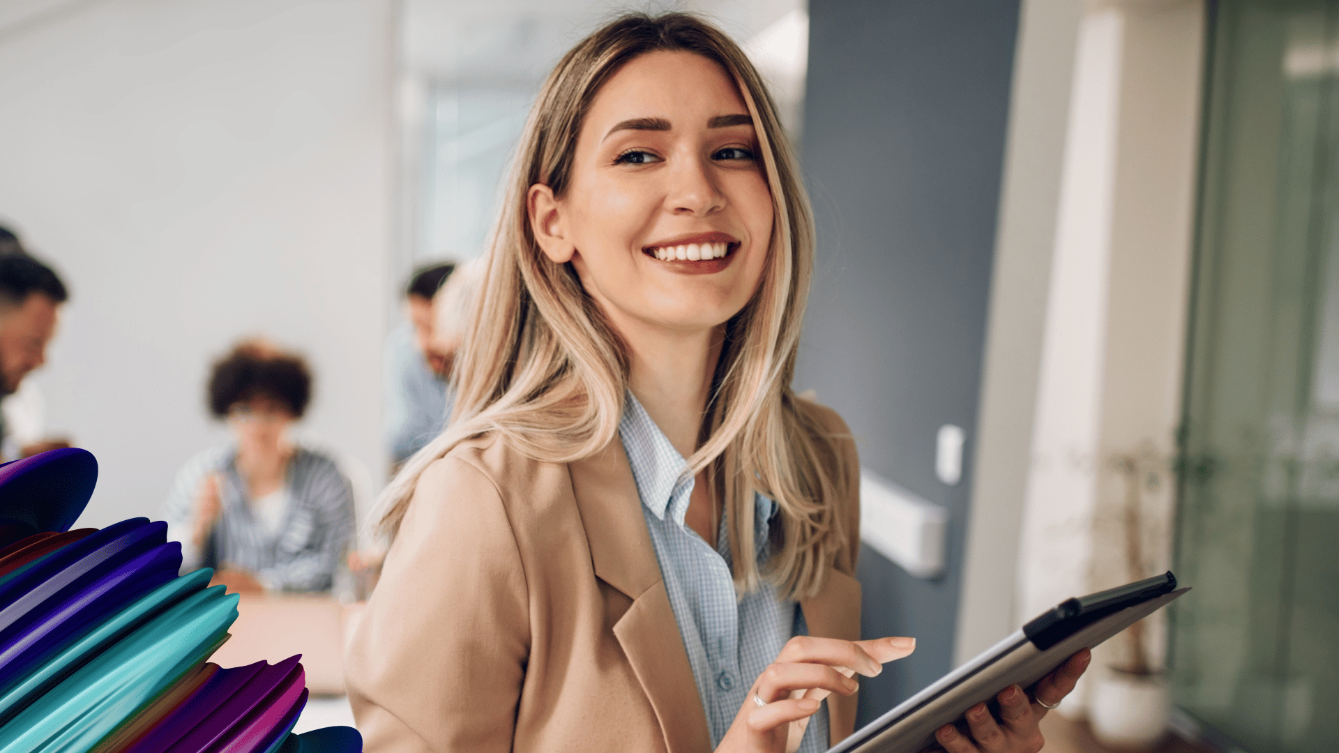 Young woman scrolling through an iPad.