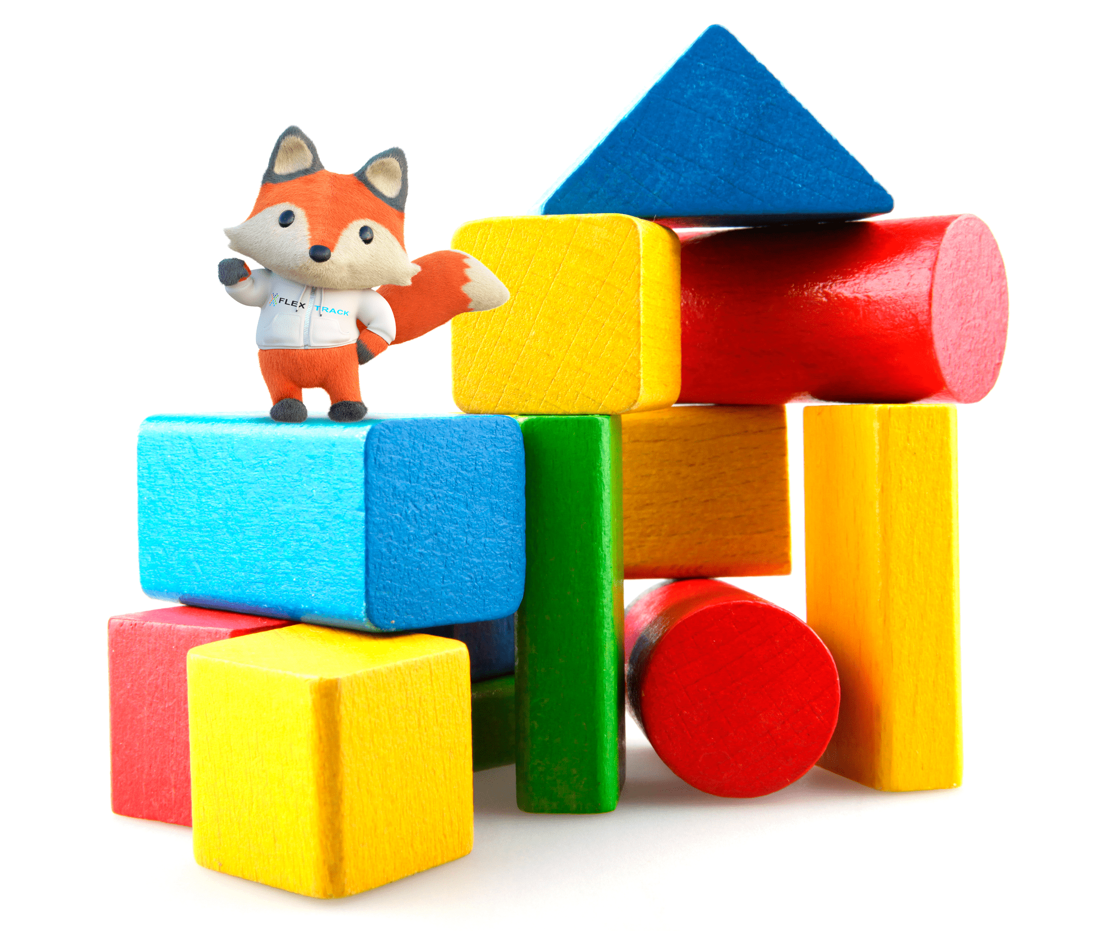 An illustration of Flex the Fox standing on a pile of well arranged blocks symbolizing helping customers build their extended workforce with fit-for-purpose solutions.