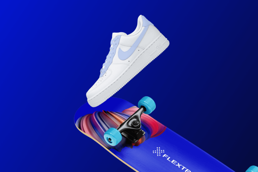 Image of custom Flextrack skateboard and Nike Air Force 1s present at the Extended workforce booth at ProcureCon 