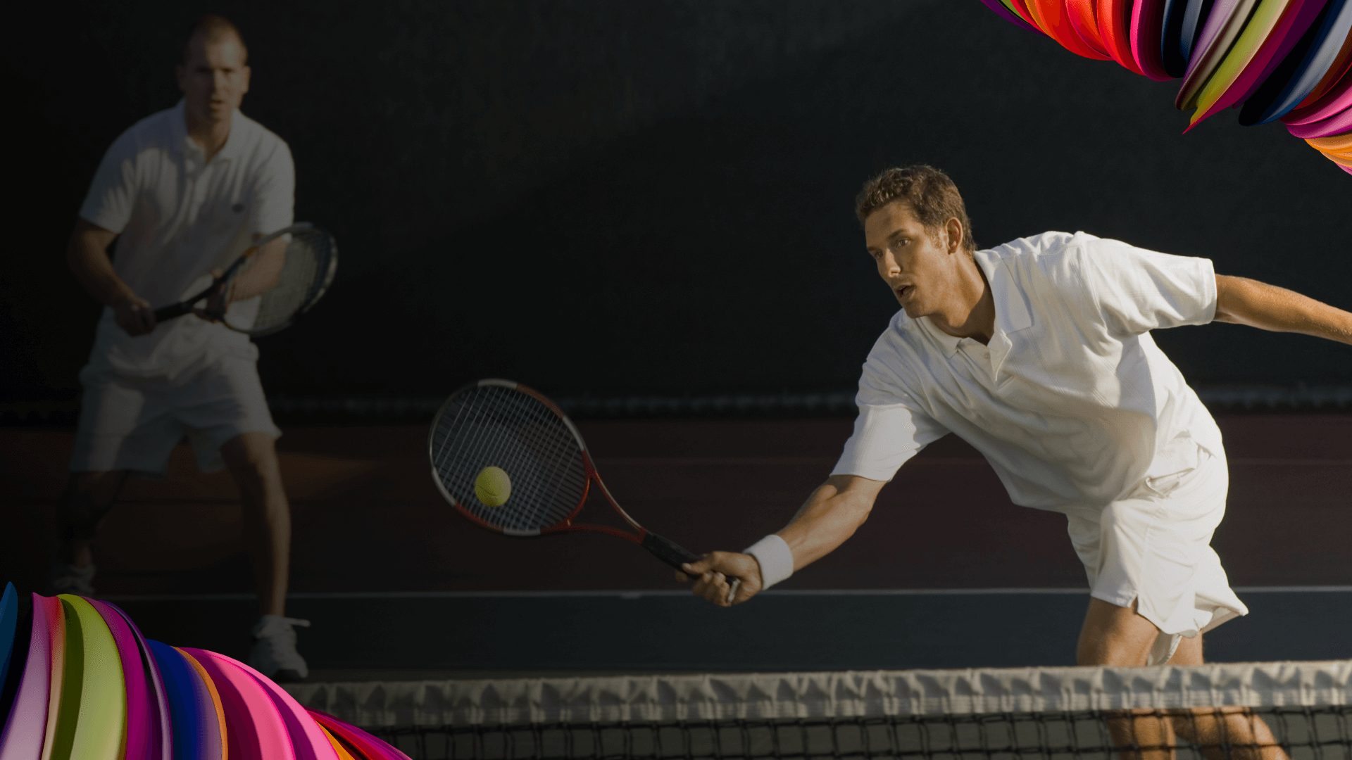 Two men playing tennis doubles, representing the connection between VMS and talent workplaces working together.