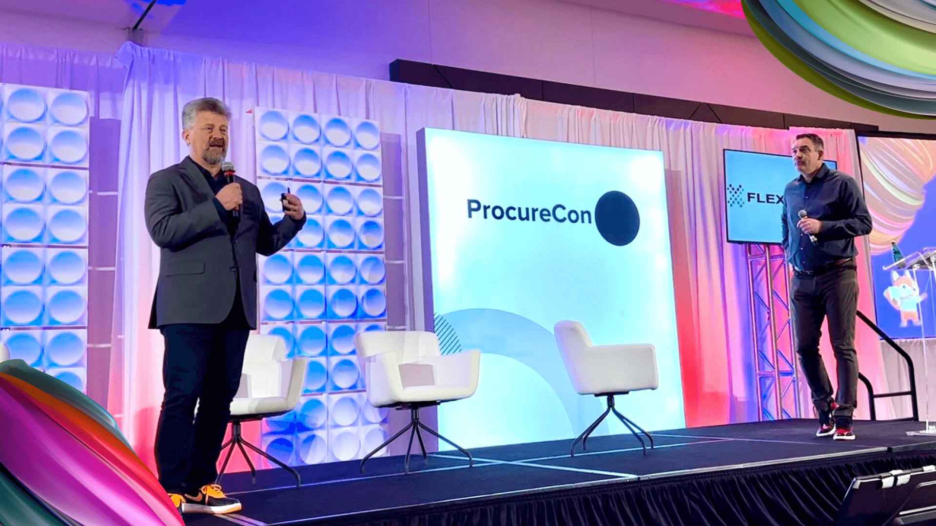 Two Keynote speakers on stage at ProcureCon discussing Flextrack's "Here for Good" credo and how it ties into extended workforce management.