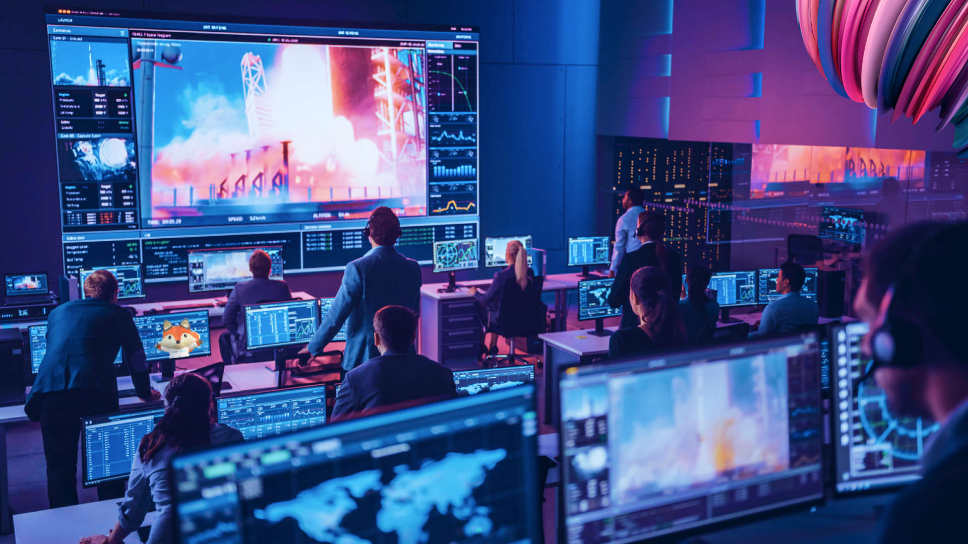 A mission control room watches a rocket launch into space.