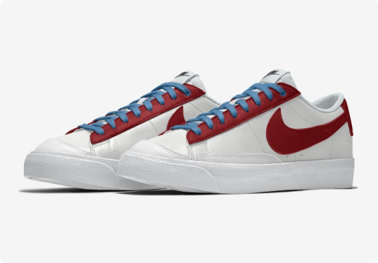 Side preview of custom Flextrack white Nike sneakers with contrasting blue and red colors.