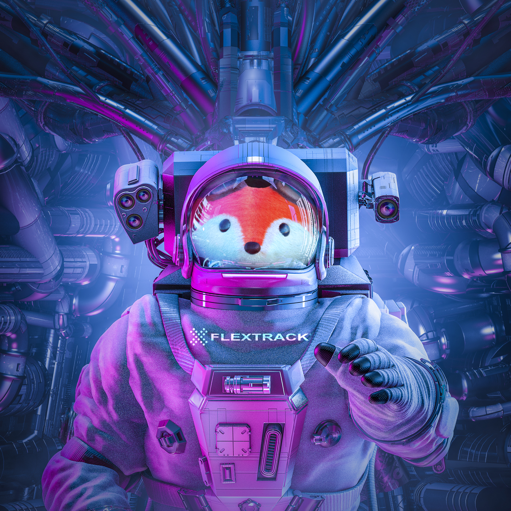 A cosmonaut with the head of Flextrack's mascot stands in the center of the image, embodying the extensible VMS possibilities in workforce management