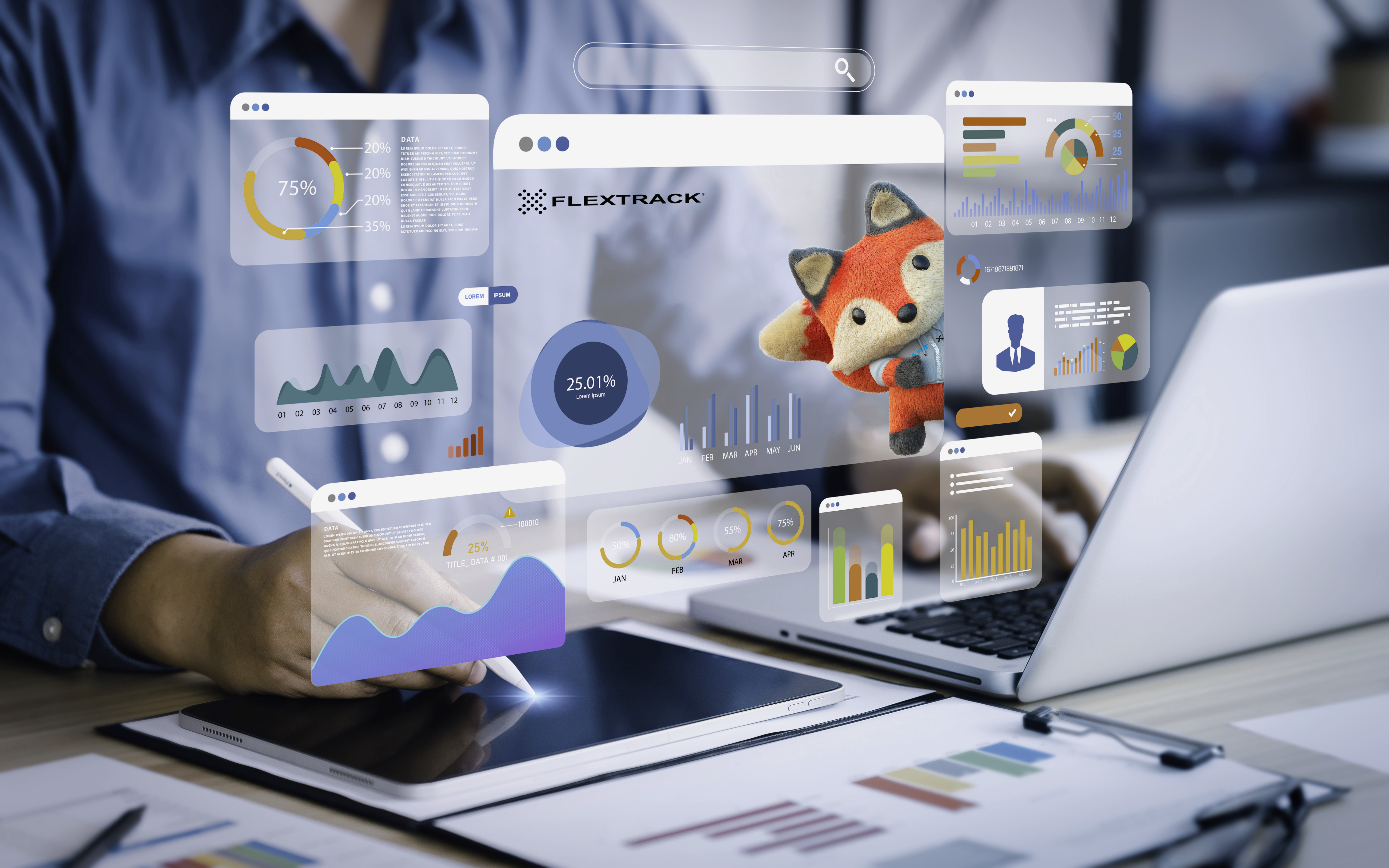 A young man is working on a laptop and a 3d screen shows multiple tools being used, with Flextrack mascot visible. Tools used reflect workforce decision-making, forecasting, and planning.