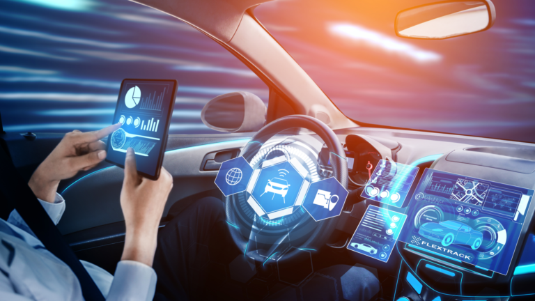 Person holding tablet in a futuristic car, implying change while driving into 2025 with AI and data supported by the VMS.