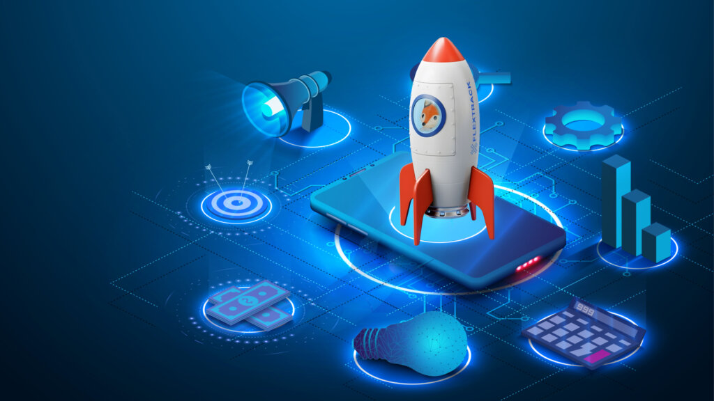 A Flextrack rocket on a futuristic UX and UI design to showcase how a VMS drives adoption, reduces errors, and streamlines workforce management across your organization.