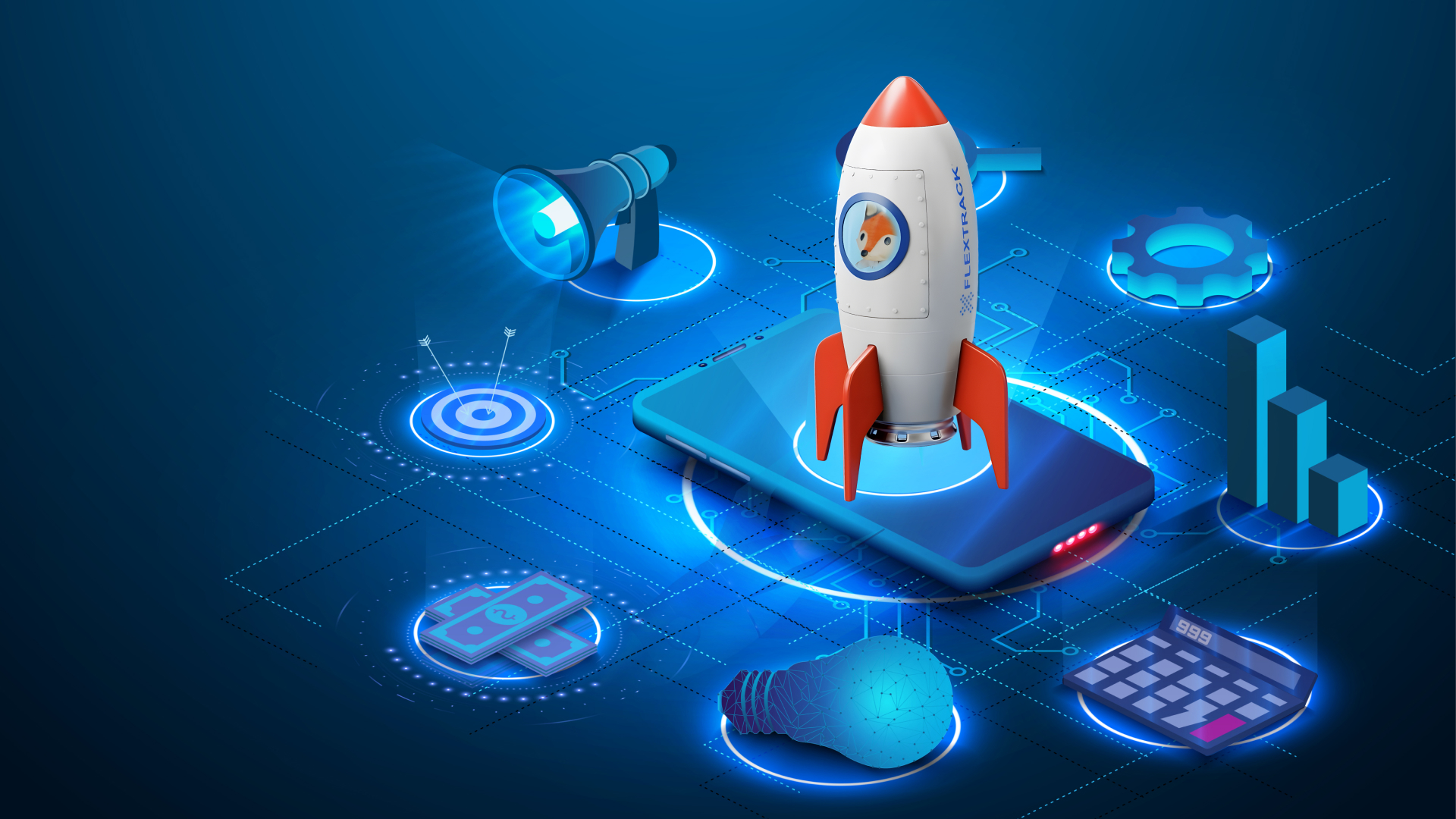 A Flextrack rocket on a futuristic UX and UI design to showcase how a VMS drives adoption, reduces errors, and streamlines workforce management across your organization.